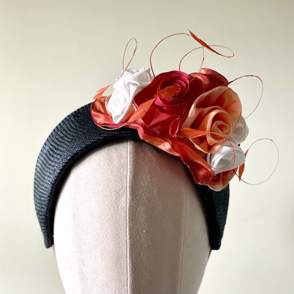 Olivia_close-up_black straw halo with vintage ribbon roses and coque feathers