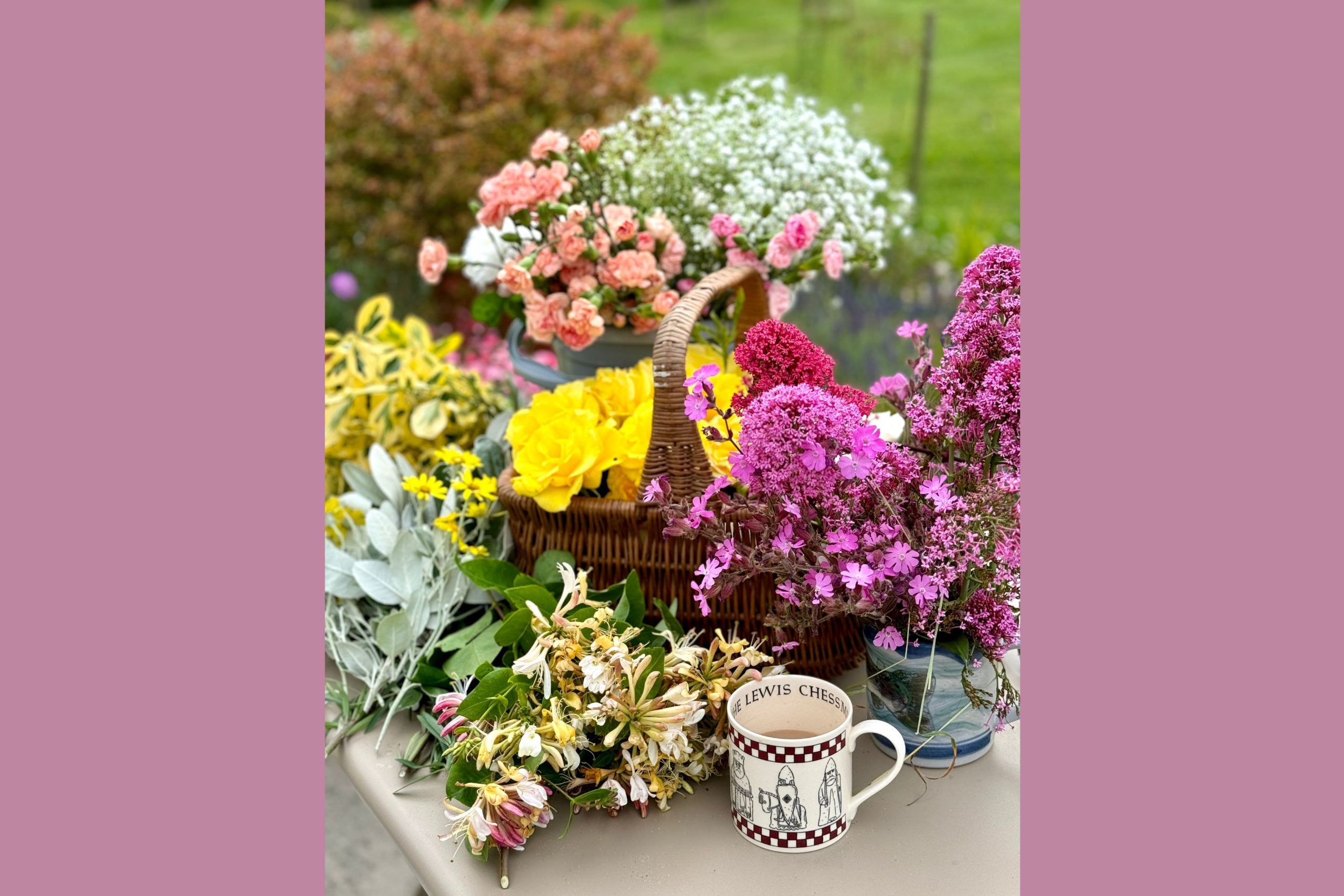 Preparing the fresh flowers for the workshop, in the garden