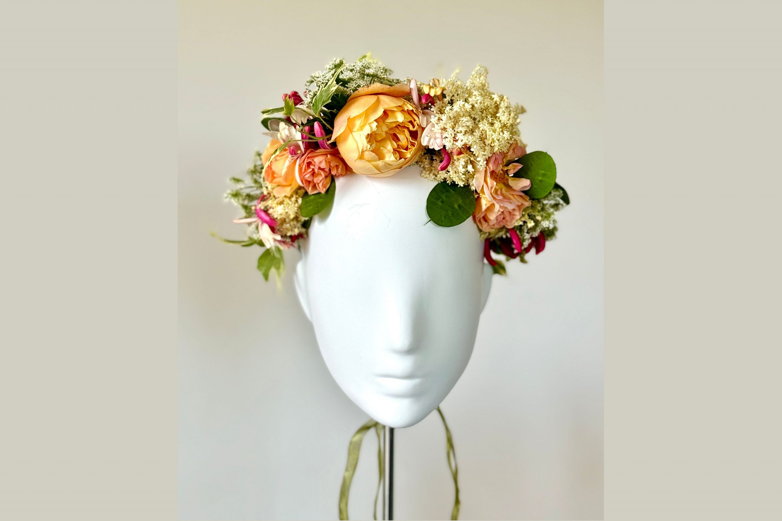 The completed flower crown featuring David Austin roses