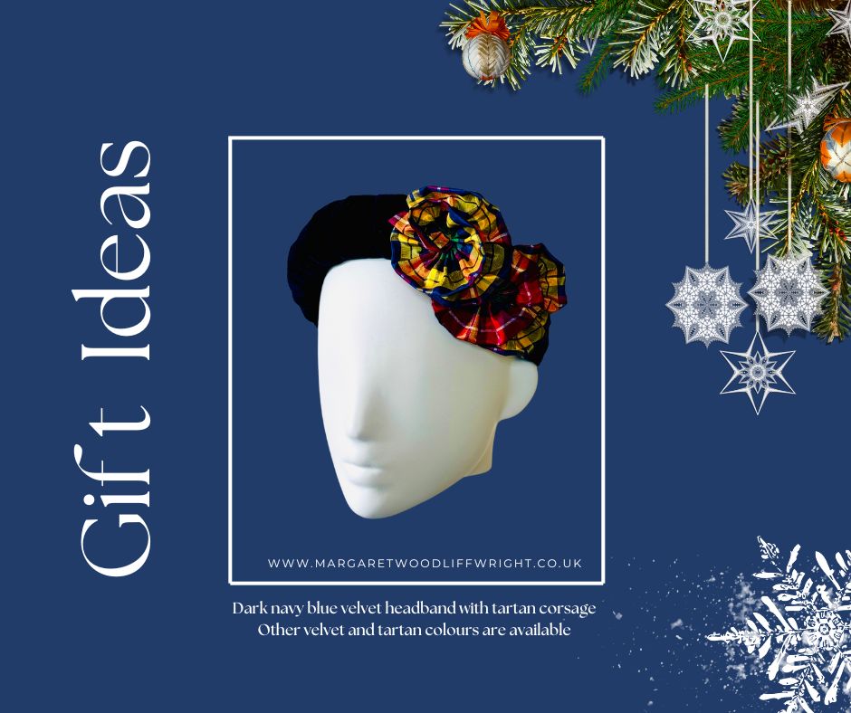 Blue velvet headband with Buchanan tartan trim