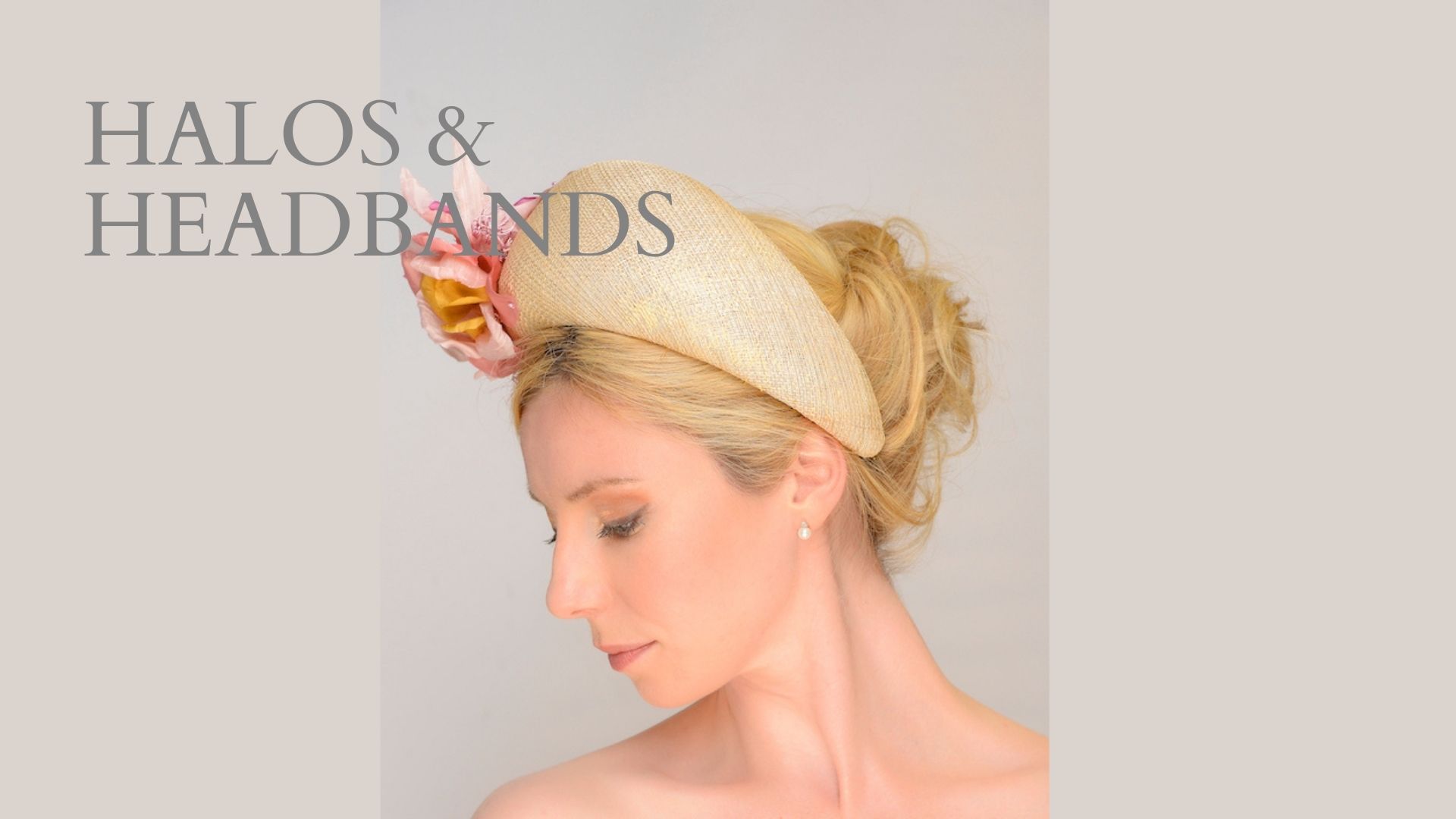 Ascot races style gold sinamay halo headband finished with handmade silk flowers