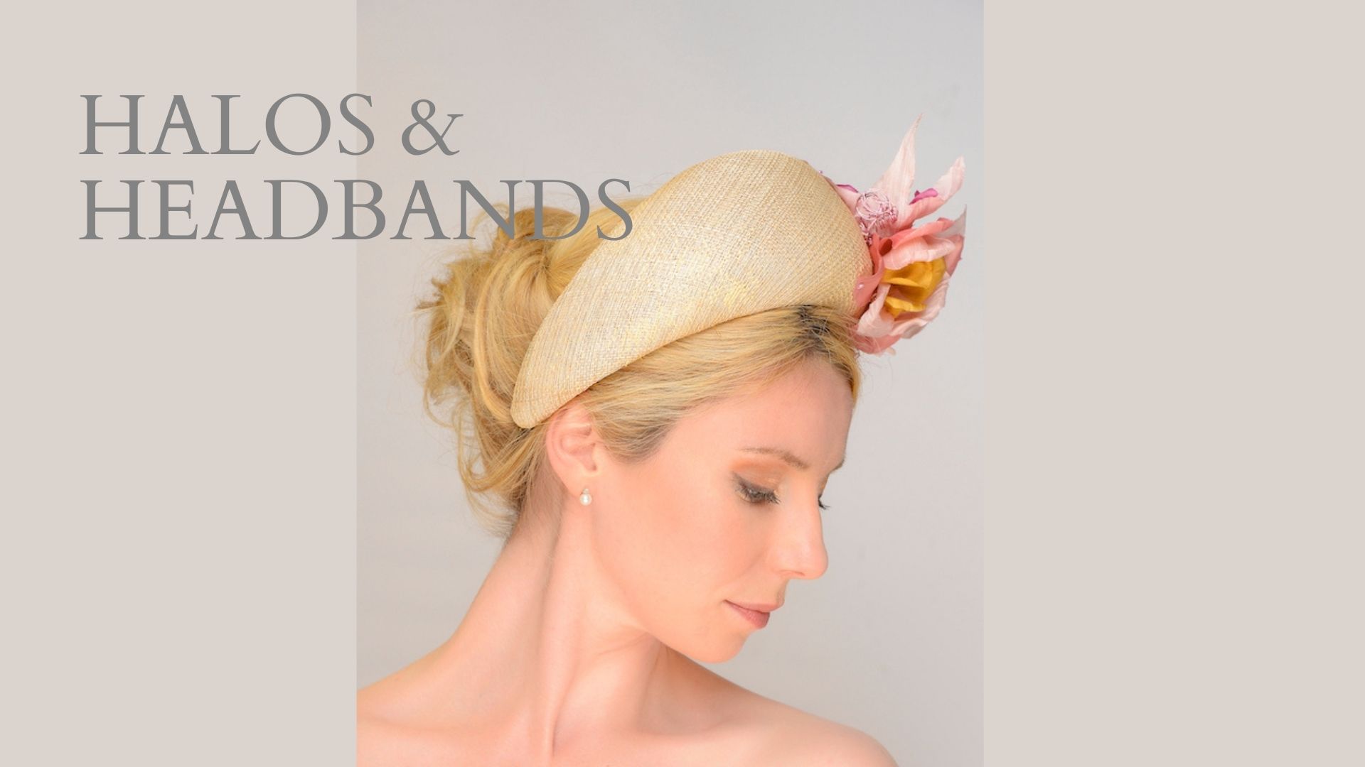 Ascot races style gold sinamay halo headband finished with handmade silk flowers